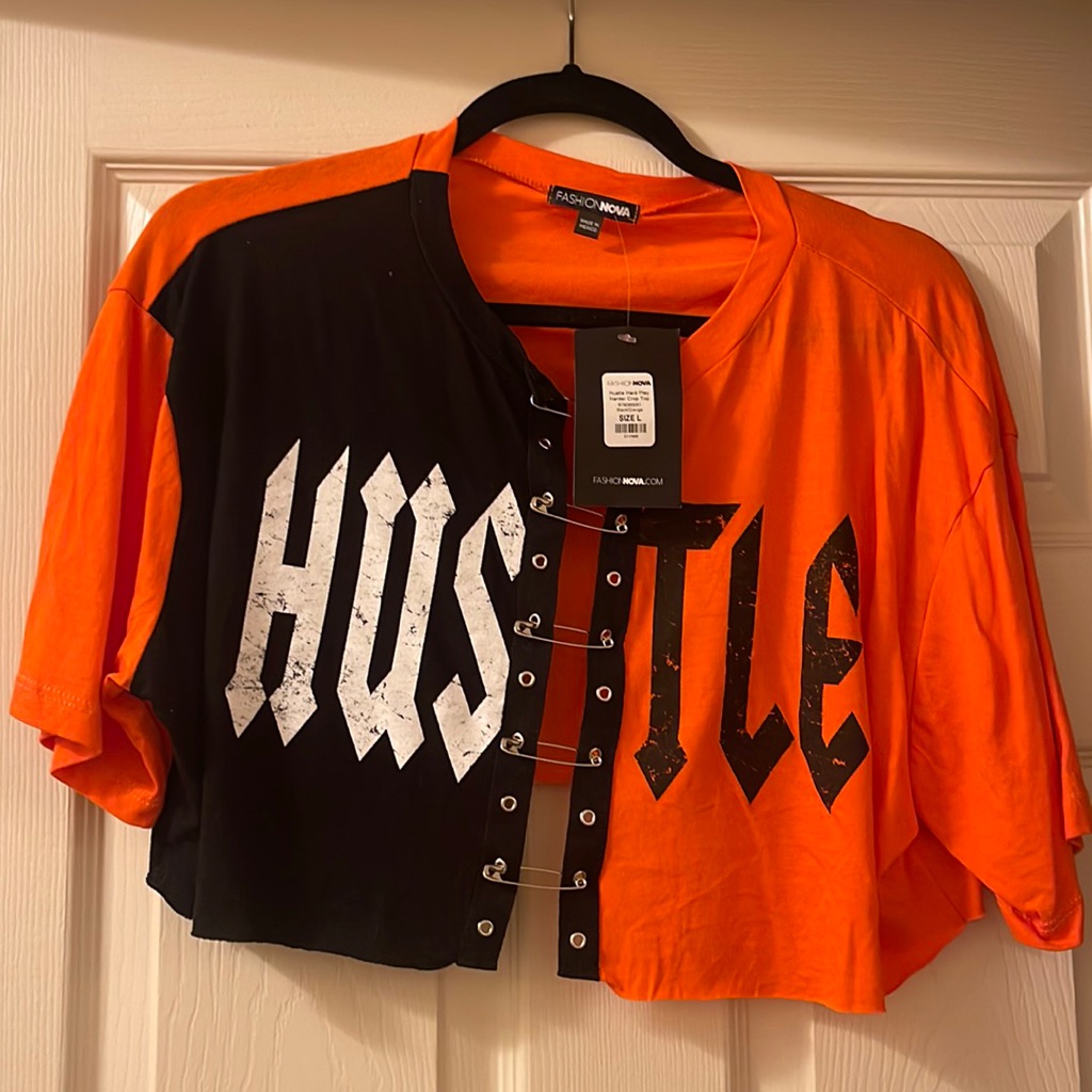 Black And Orange Hustle Hard Crop Top